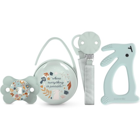 Suavinex Set Presente Wonderland Verde – Chupeta 0-6m + Corrente de Chupeta + Mordedor + Porta-Chupetas