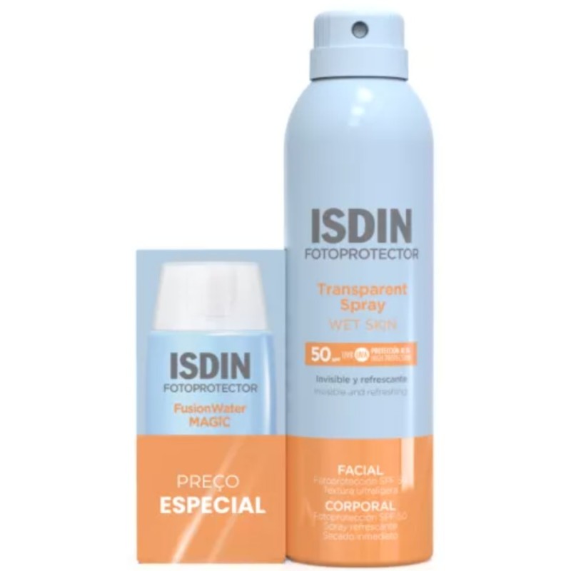 ISDIN Fusion Water Magic SPF50 50 ml + Spray Wet‑Skin SPF50 100 ml – Pack de Proteção Solar Facial e Corporal